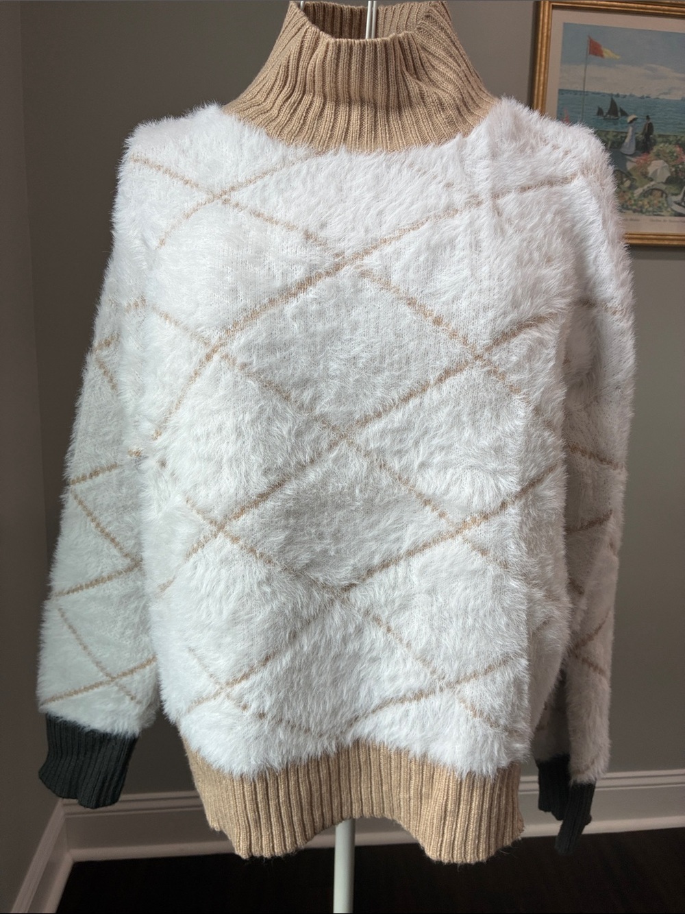 Fuzzy White Diamond-Pattern Turtleneck Sweater with Tan Trim